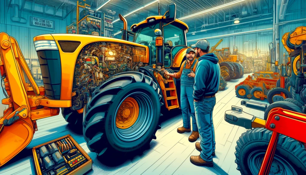 Agriculture Rentals -- A vivid and detailed wide closeup illustration of the agricultural equipment rental store in Iowa, focusing on the interaction between farme4