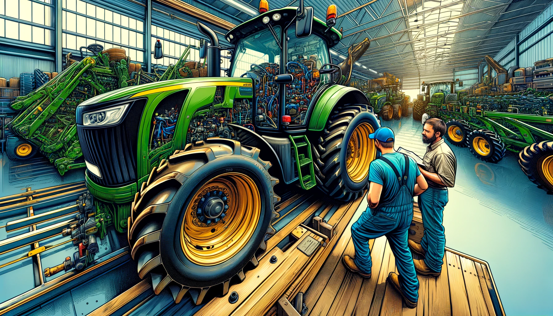 Agriculture Rentals -- A vivid and detailed wide closeup illustration of the agricultural equipment rental store in Iowa, focusing on the interaction between farme4