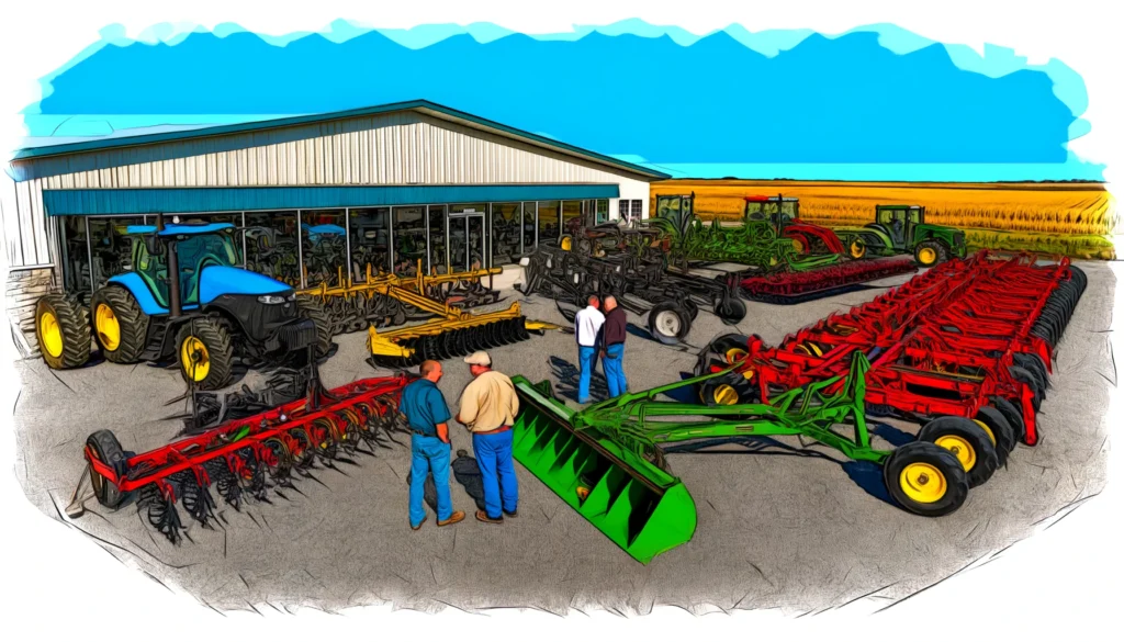 Agriculture Rentals -- A vivid and detailed wide illustration of an agricultural equipment rental store in Iowa. The scene shows a large, modern store with an exte2