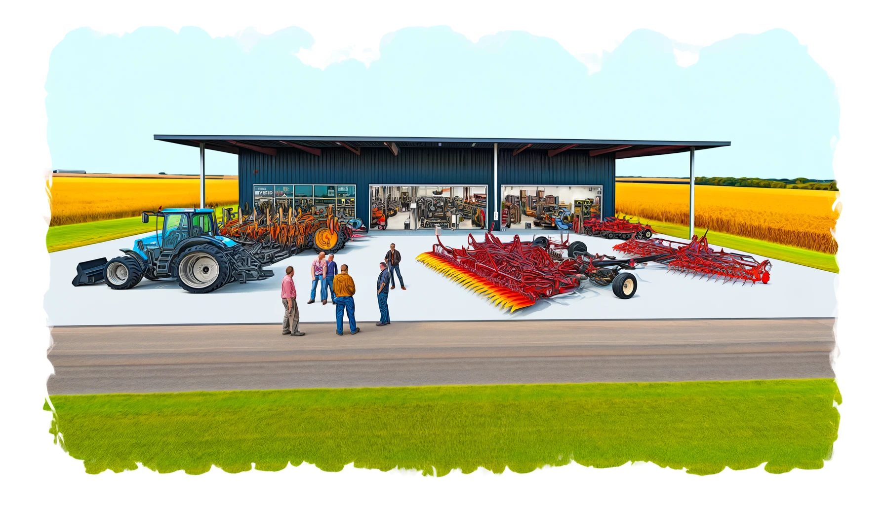 Agriculture Rentals -- A vivid and detailed wide illustration of an agricultural equipment rental store in Iowa. The scene shows a large, modern store with an exte2